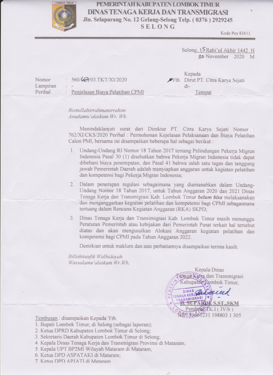Disnakertrans Kabupaten Lombok Timur mengeluarkan surat Edaran Penjelasan Biaya Pelatihan CPMI Tahun 2020